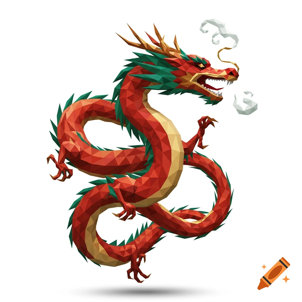 A vibrant red and green low-poly Chinese dragon with gold horns and details, coiled on a white background, exhaling smoke.