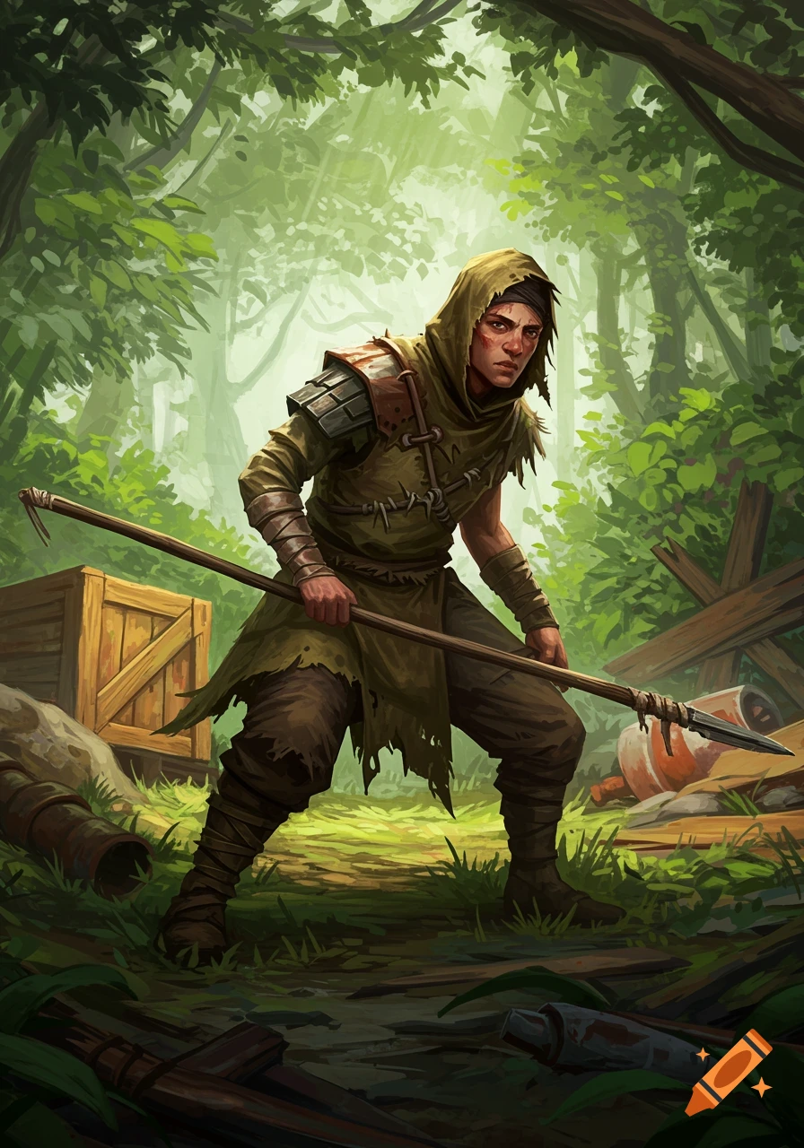 A character in a hooded cloak holding a spear stands in a lush green forest, stylized digital art.