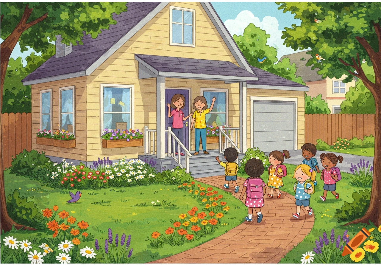 An illustration of two female teachers welcoming children to a vibrant in-home daycare with a winding brick walkway and blooming flowers.