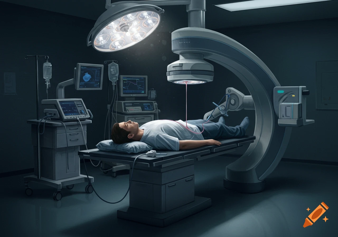 A patient on a medical table in a dark radiology room with advanced equipment and a robotic arm, illuminated by an overhead light.