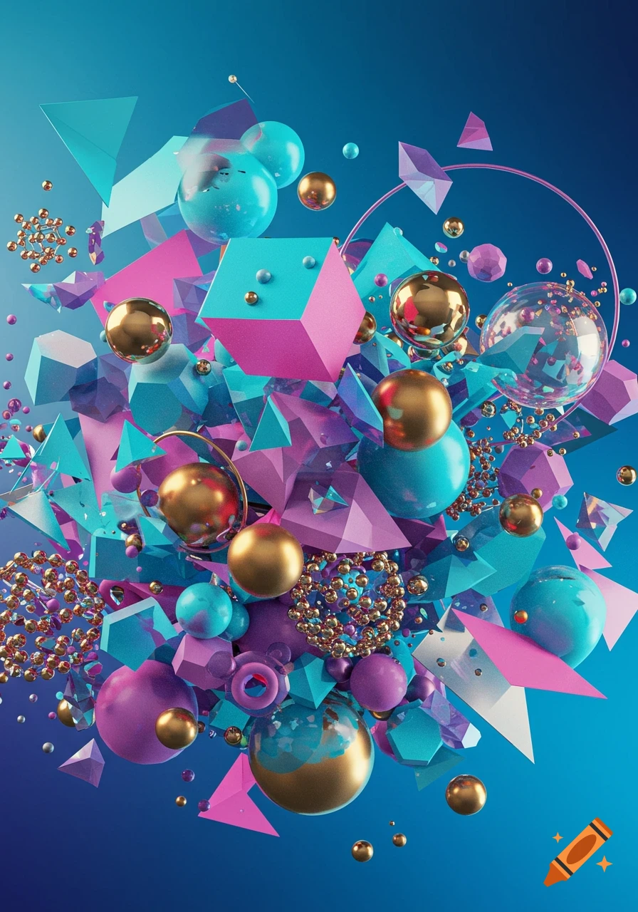 A vibrant explosion of metallic gold, teal, pink, and purple geometric shapes including spheres, cubes, and pyramids, against a blue background.
