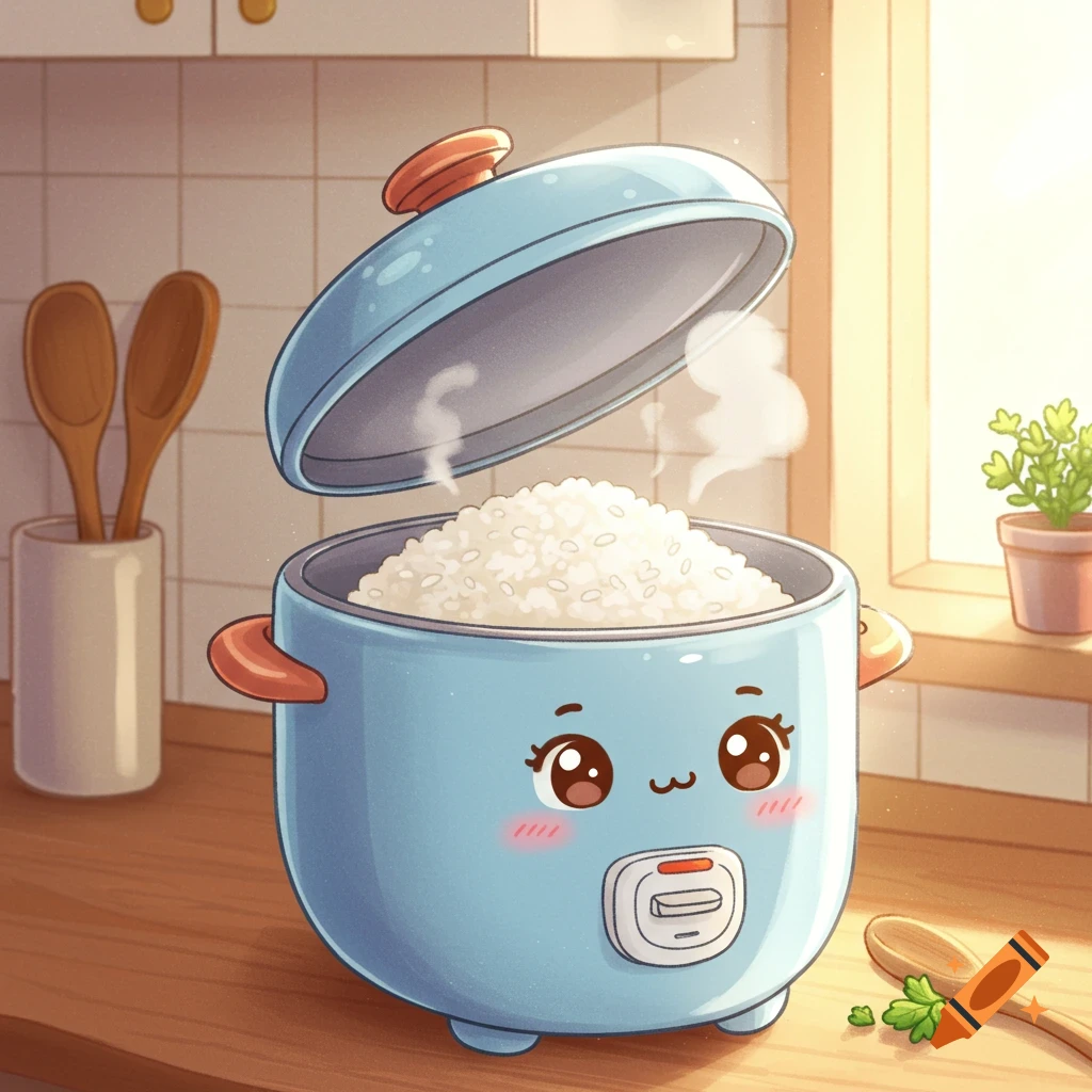 A cute blue cartoon rice cooker, lid open with steam rising from fluffy white rice, on a kitchen counter next to a sunny window.