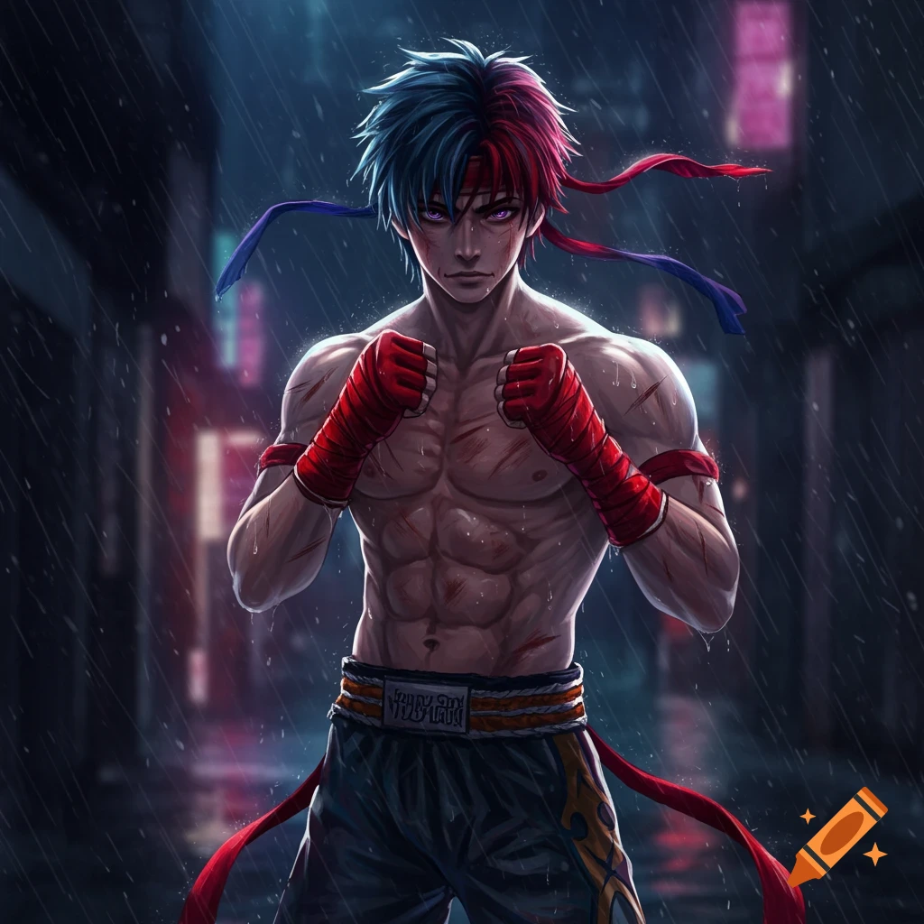 An anime-style male Muay Thai fighter with red and blue hair and pink eyes stands in the rain in a dark alley. He wears red hand wraps and shorts, with cuts and bruises on his muscular torso.