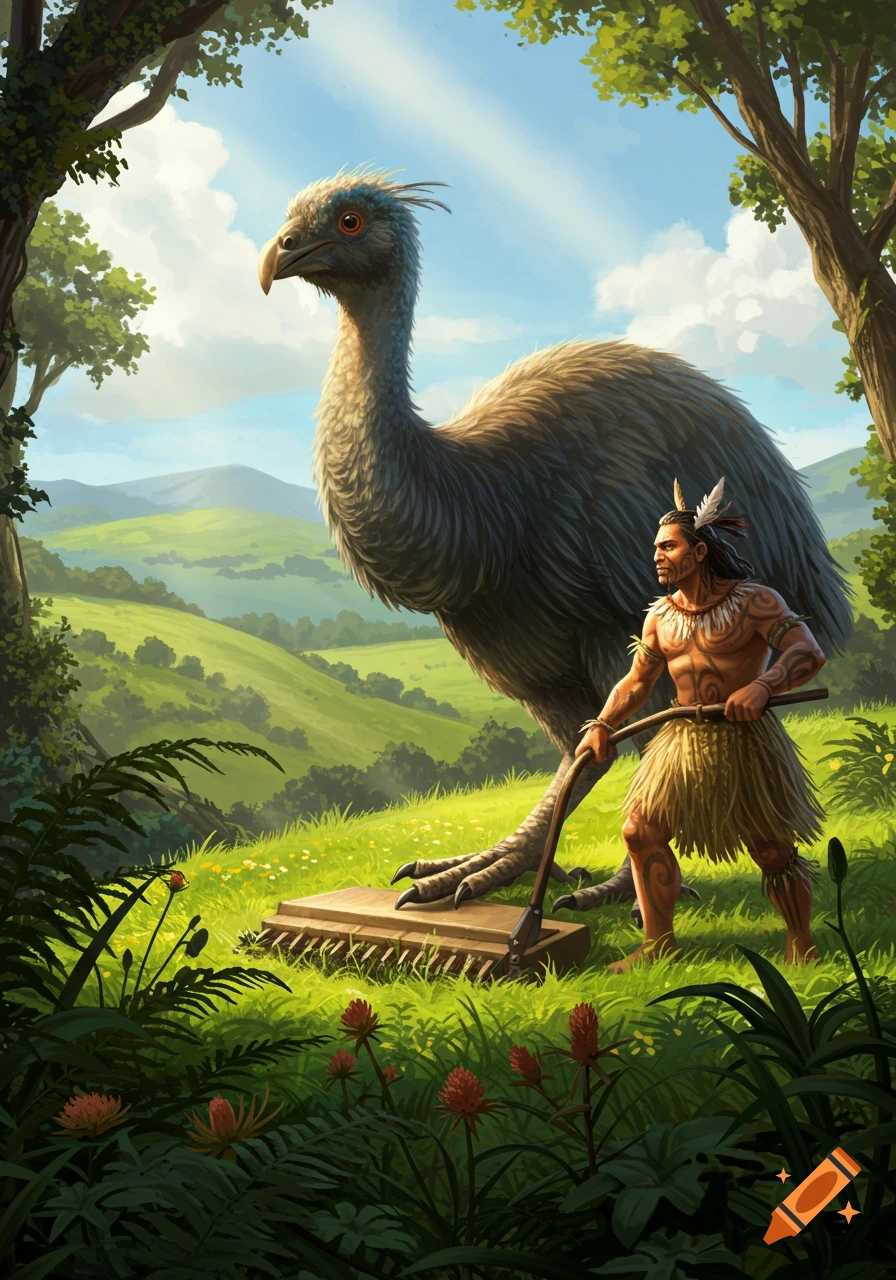 A Maori warrior and a giant Moa bird appear to be mowing a lush green field with a wooden tool.