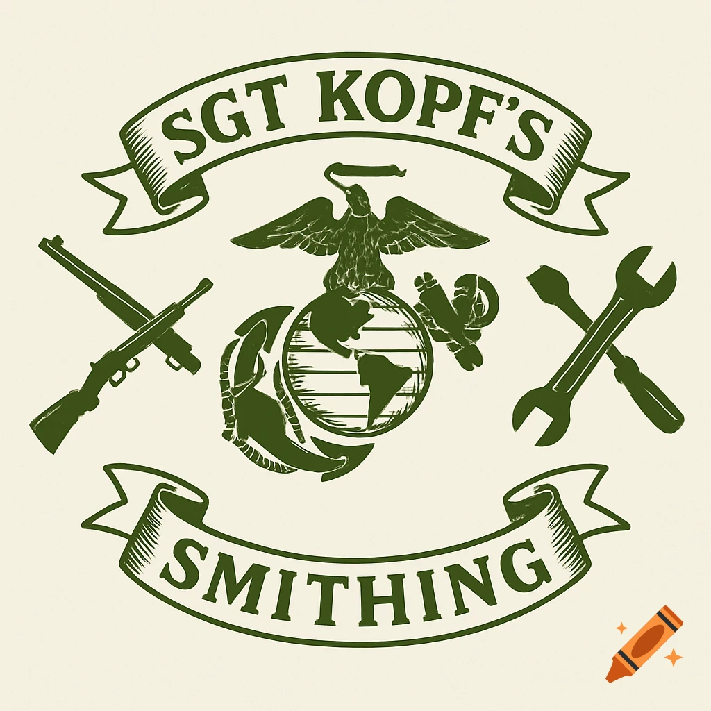 Olive drab green logo with military eagle, globe, and anchor, crossed rifle and shotgun, and crossed wrench and screwdriver. Banners read 'SGT KOPF'S' and 'SMITHING'.