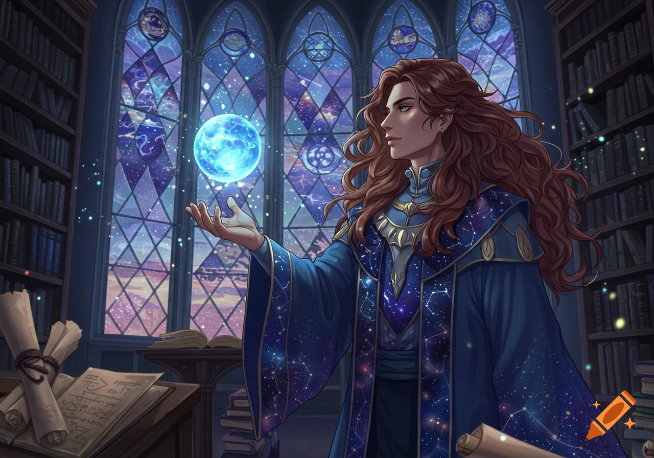 An anime wizard with long brown hair holds a glowing blue orb in a magical library with stained glass windows.