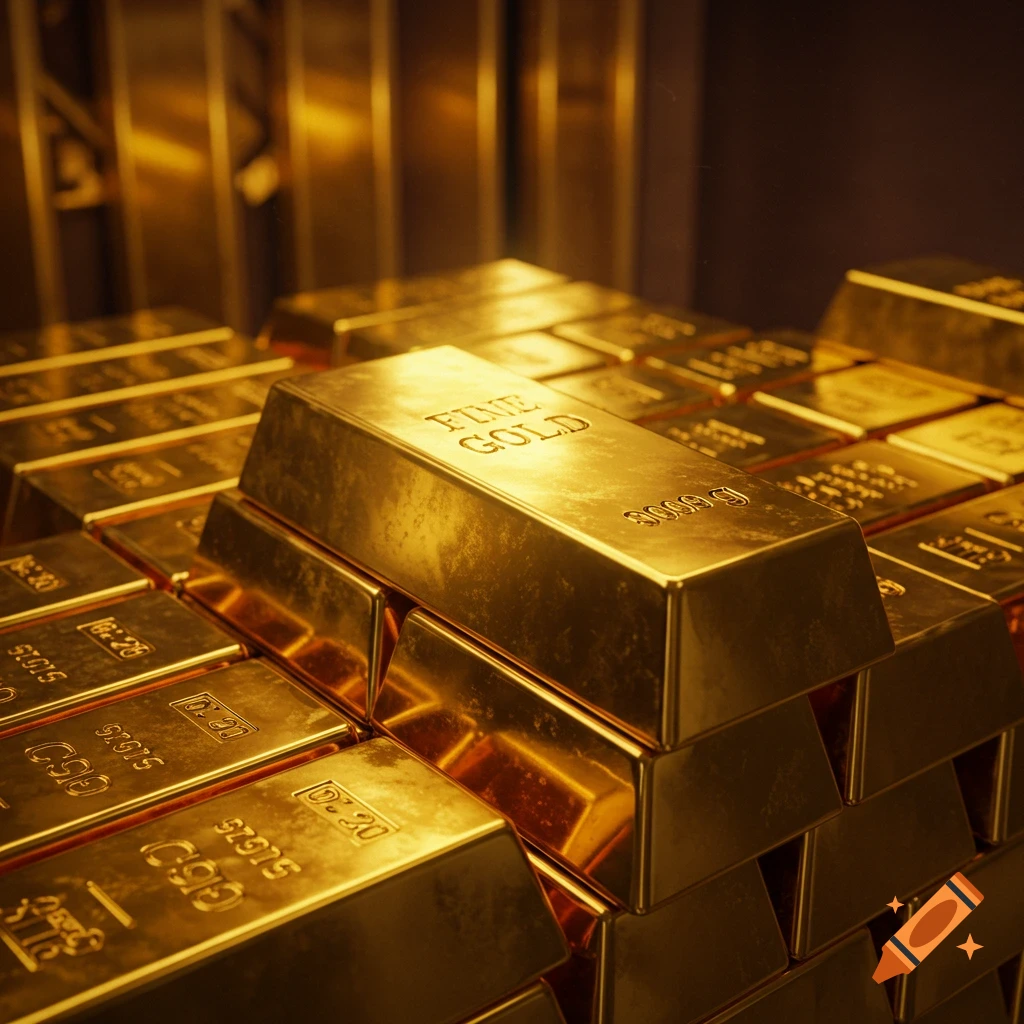 A stack of gleaming gold bars with 'FINE GOLD' and '3000g' embossed on the top bar, set in a dimly lit vault.