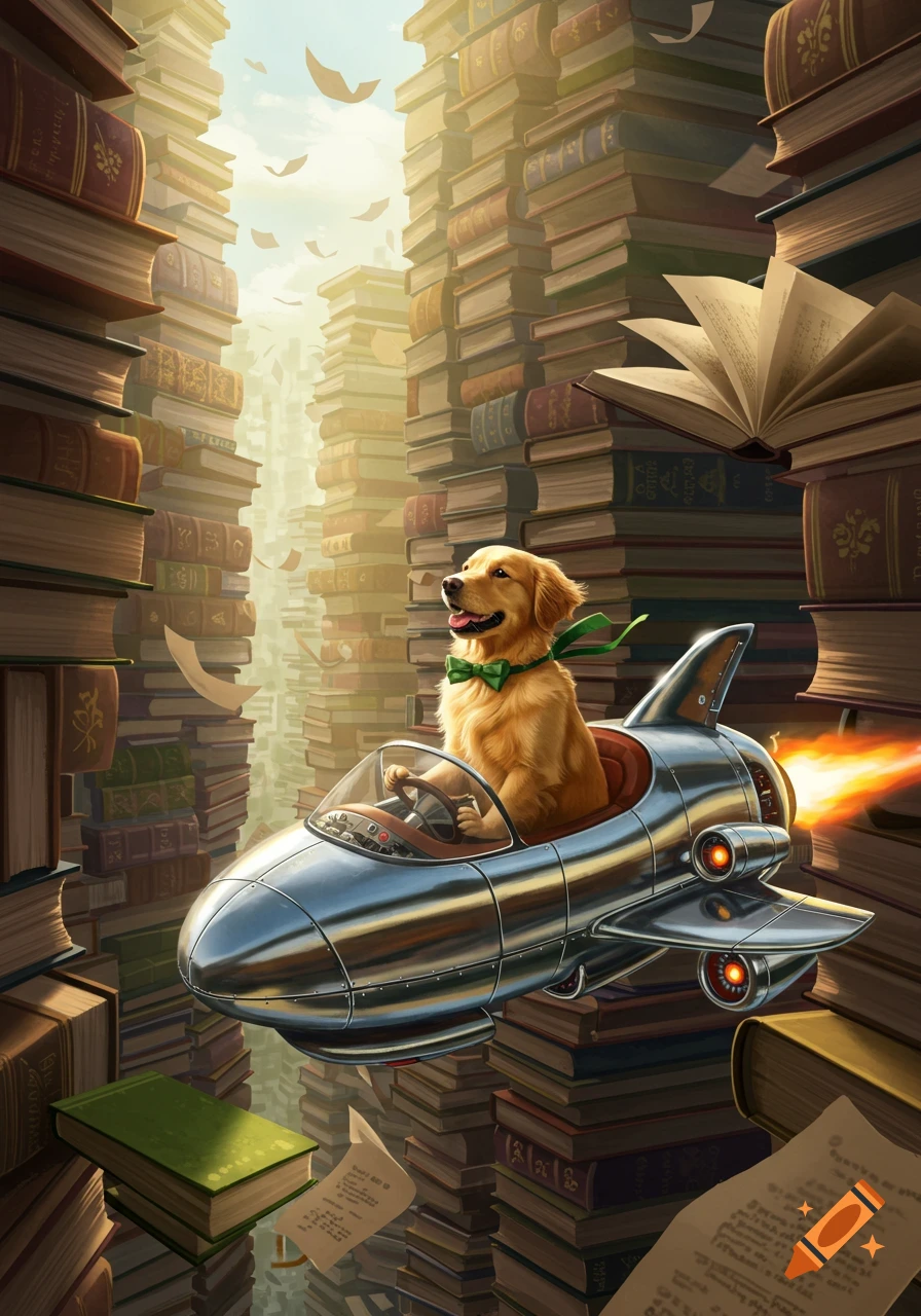 A golden retriever in a green bow tie flies a silver spaceship through a towering city made of books, with papers floating around.
