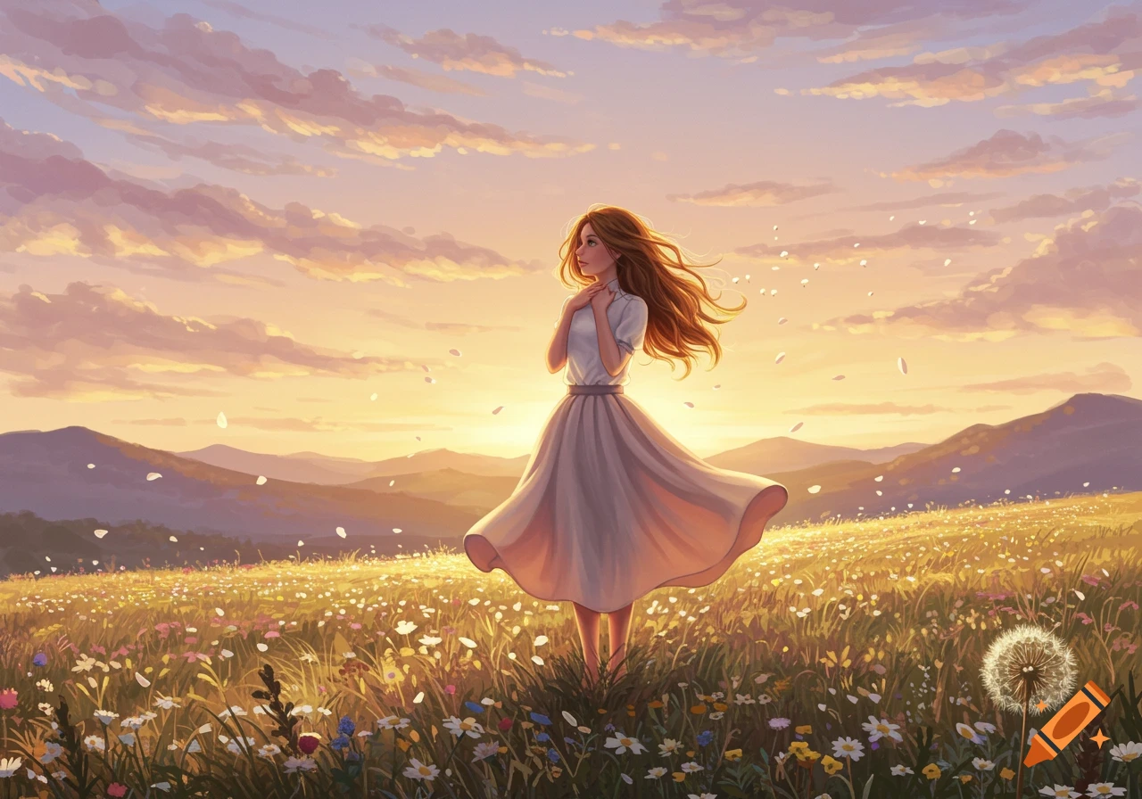 An illustrated girl with long flowing hair stands in a field of wildflowers at sunset, with mountains in the distance.