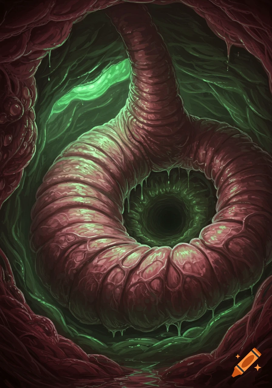 A detailed illustration of a giant stomach interior with fleshy red walls, green organic matter, and dripping slime, leading into a dark swirling abyss.