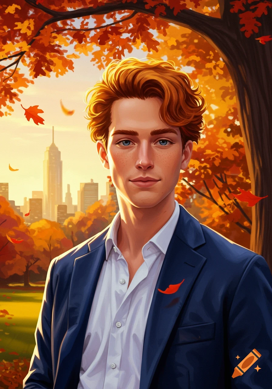 A handsome young man with auburn hair in a suit jacket stands in an autumn park with falling leaves and a city skyline, digital art.