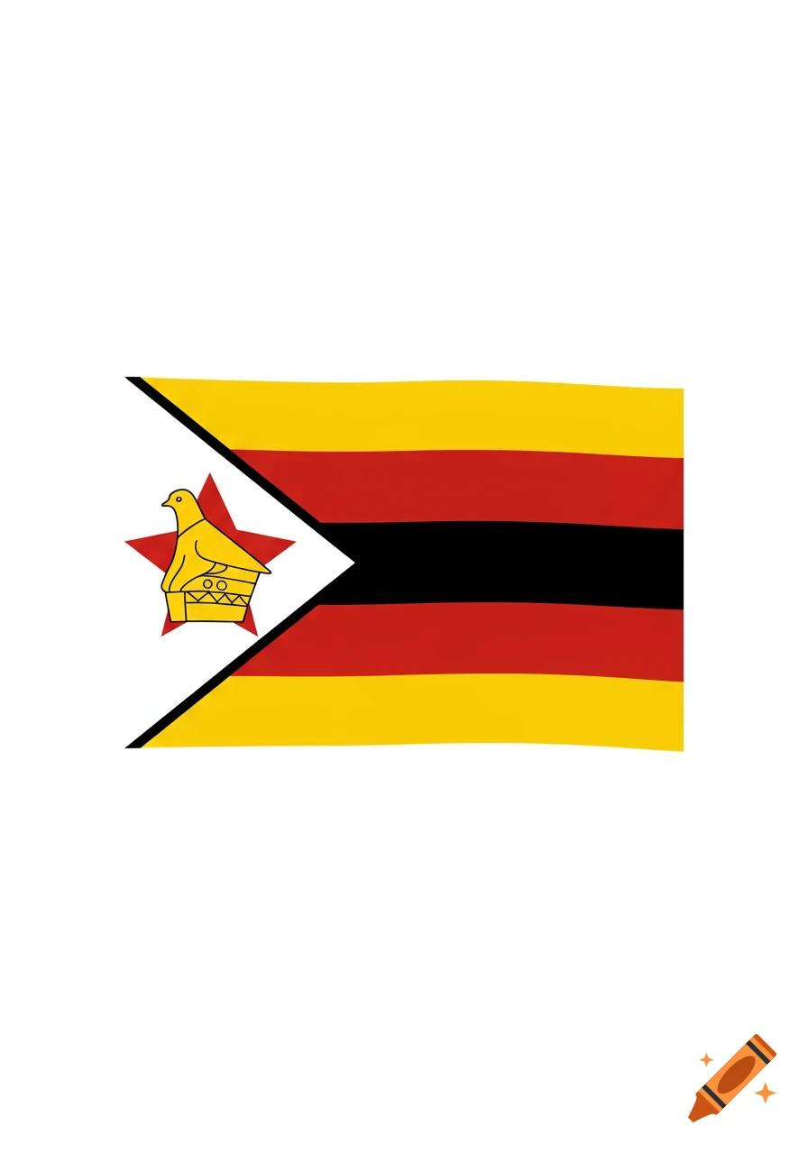 A white flag of Zimbabwe with horizontal yellow, red, and black stripes on the right, and a white triangle on the left containing a red star and a yellow bird.