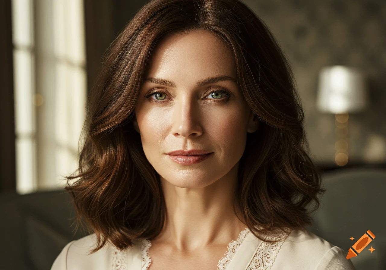 A photorealistic close-up portrait of a woman with brown hair and green eyes, looking directly at the viewer.