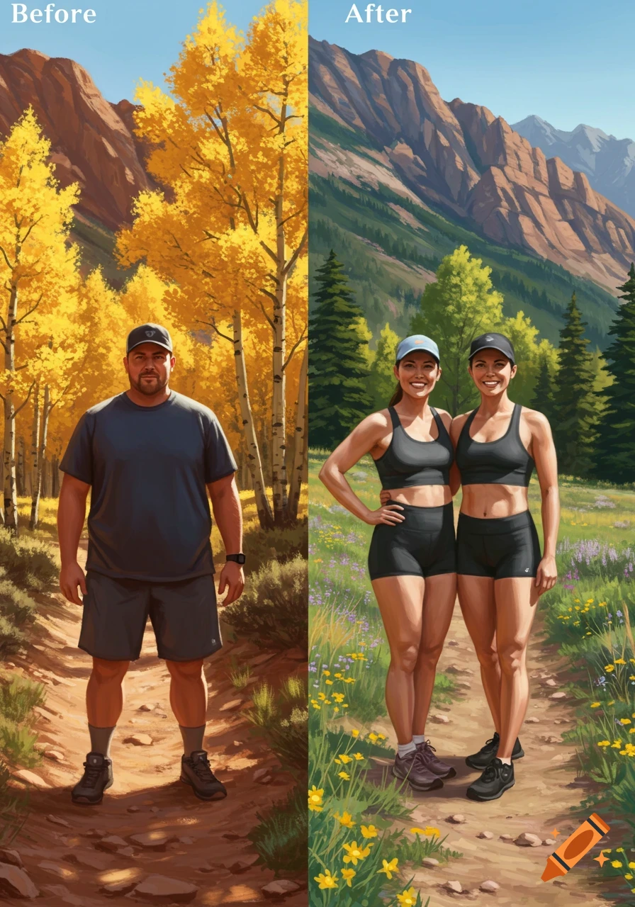 Split image: A man in autumn mountains (left) and two women in summer mountains (right), illustrating a before-and-after weight loss.