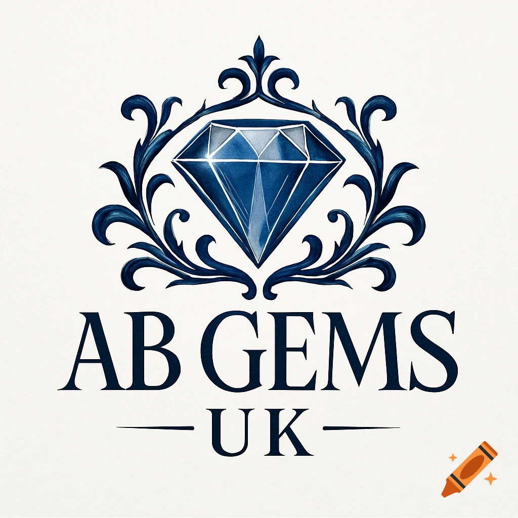 Blue diamond logo with ornate scrollwork above 'AB GEMS UK' text on a light background.