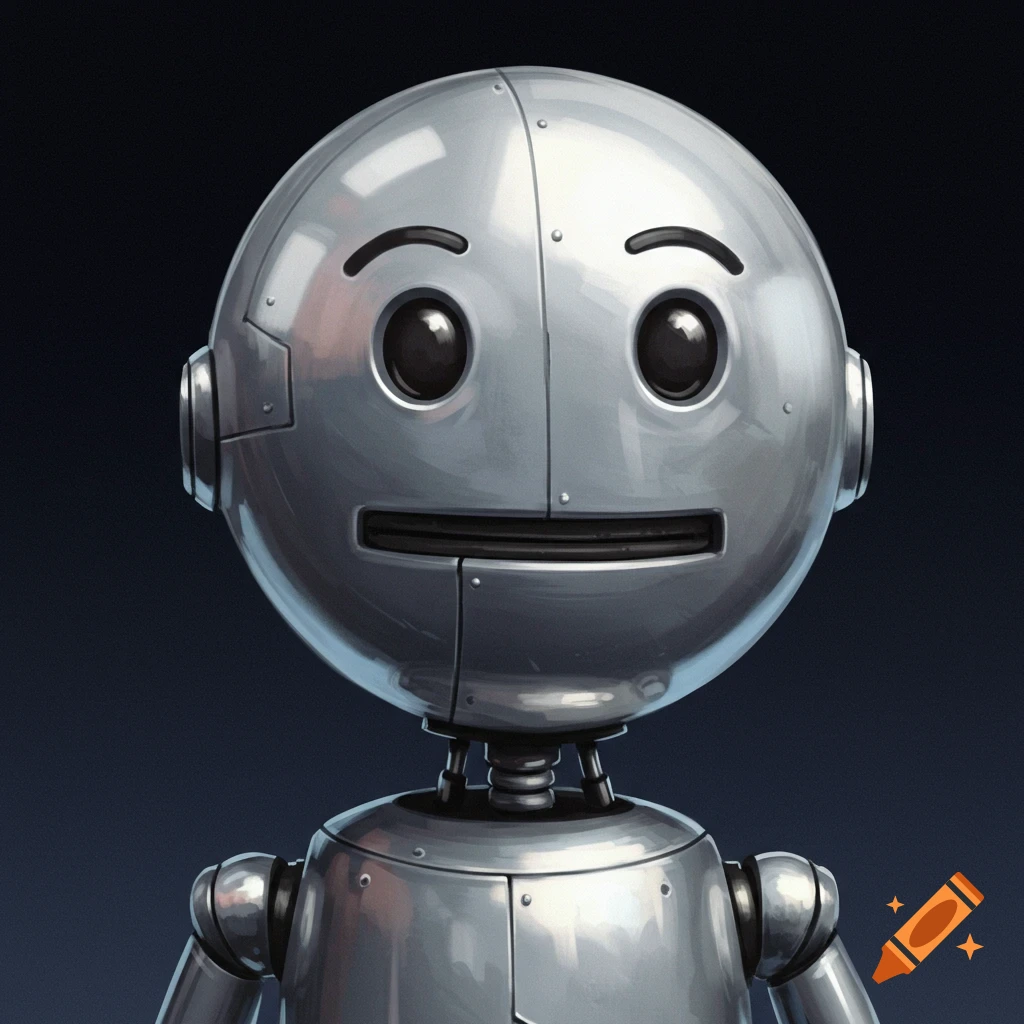 A close-up of a silver robot with a round head, large black eyes, and a slit mouth, against a dark background.