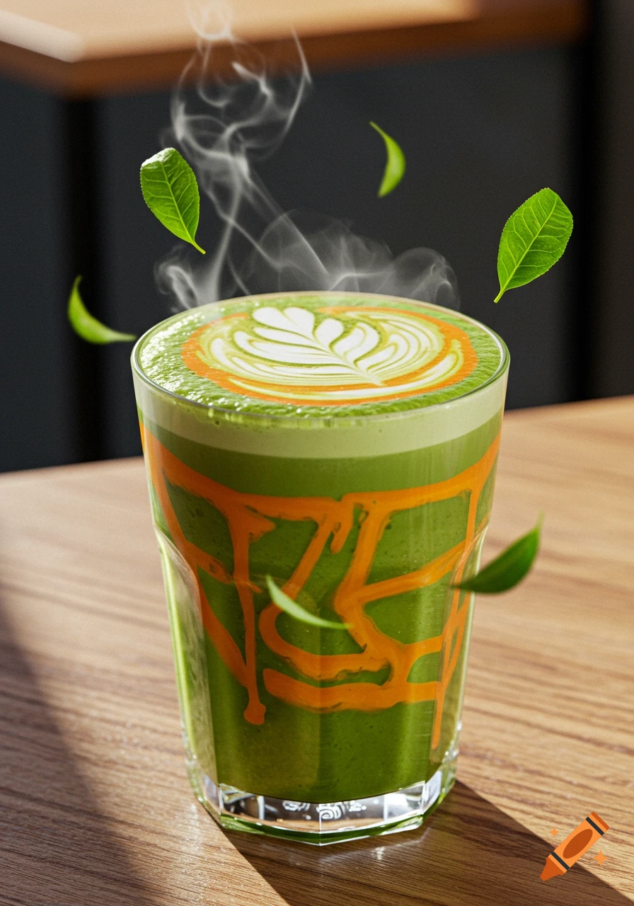 A steaming glass of green matcha latte with white latte art and orange drizzle, surrounded by floating green leaves, on a wooden table.
