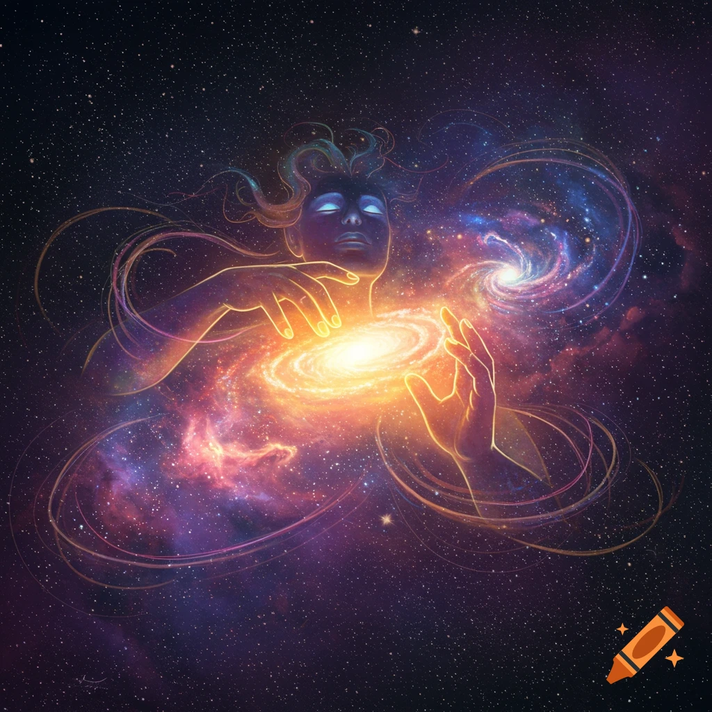 A glowing cosmic being holds a galaxy in its hands amidst a starry, colorful nebula in space.