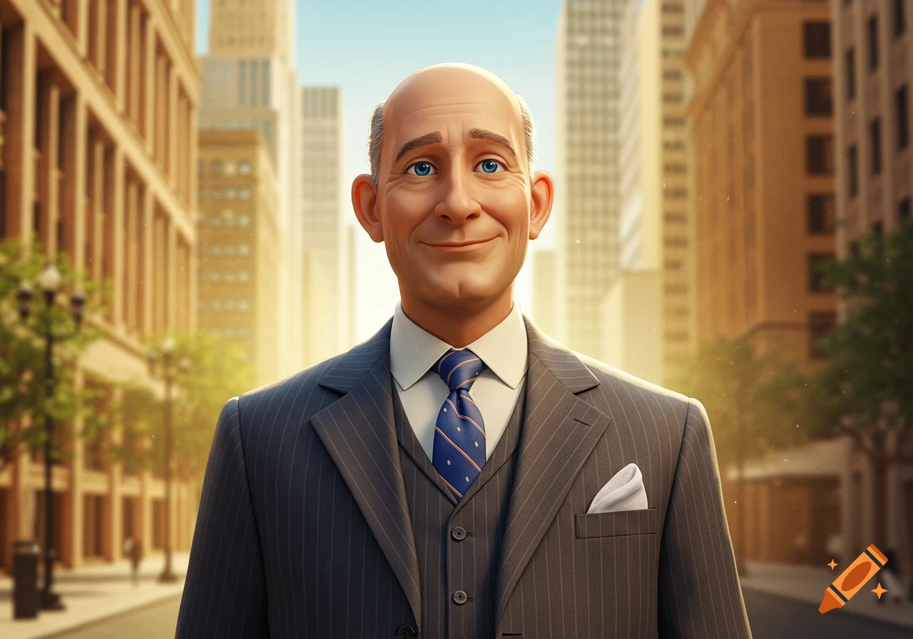 A smiling bald man in a suit in a cartoon style, standing in a city street.
