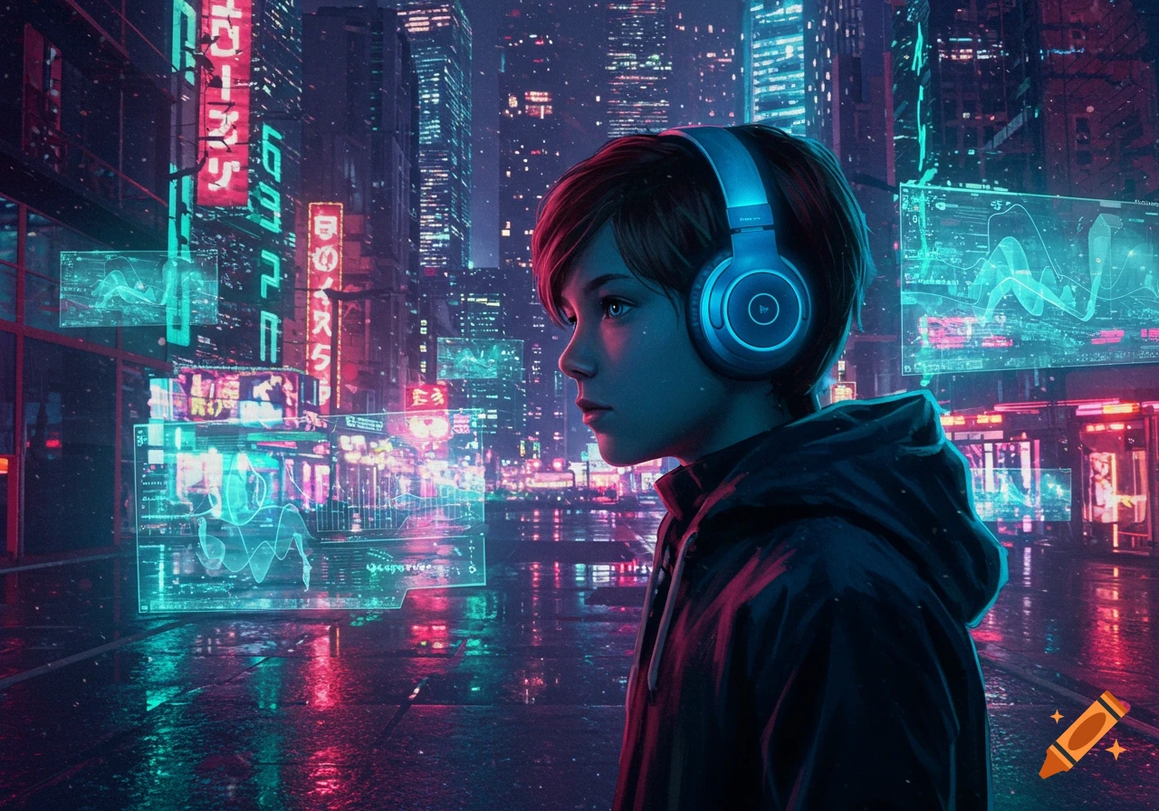 Boy with red hair and blue headphones looking right in a vibrant neon cyberpunk city at night with holographic displays.