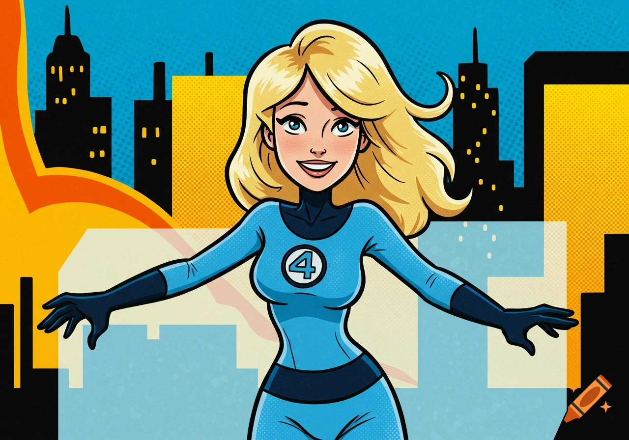 A cartoon drawing of Invisible Girl (Sue Storm) from Fantastic Four, wearing her blue and black superhero suit with a '4' emblem on her chest, against a city skyline background.