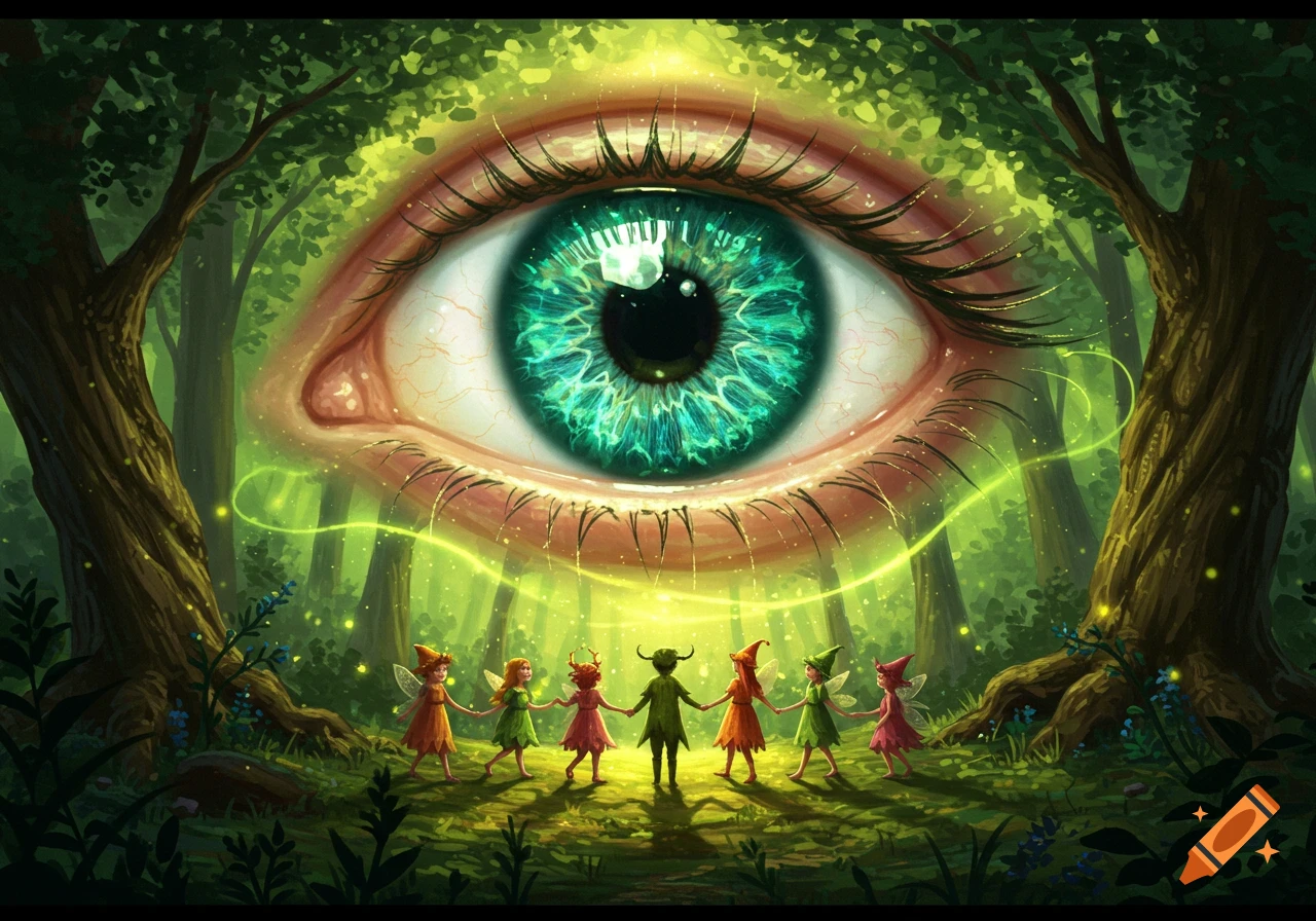 A giant glowing green eye floats above small fairy creatures holding hands in a magical forest.