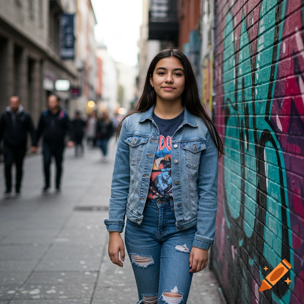 A young woman in a denim jacket and ripped jeans stands on a city sidewalk next to a graffiti wall.