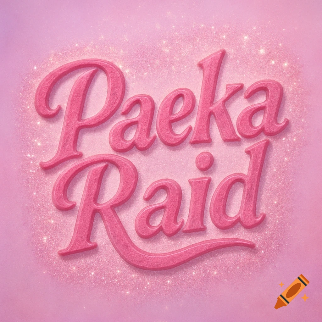 Stylized pink text 'Paeka Raid' with glitter on a pink background.