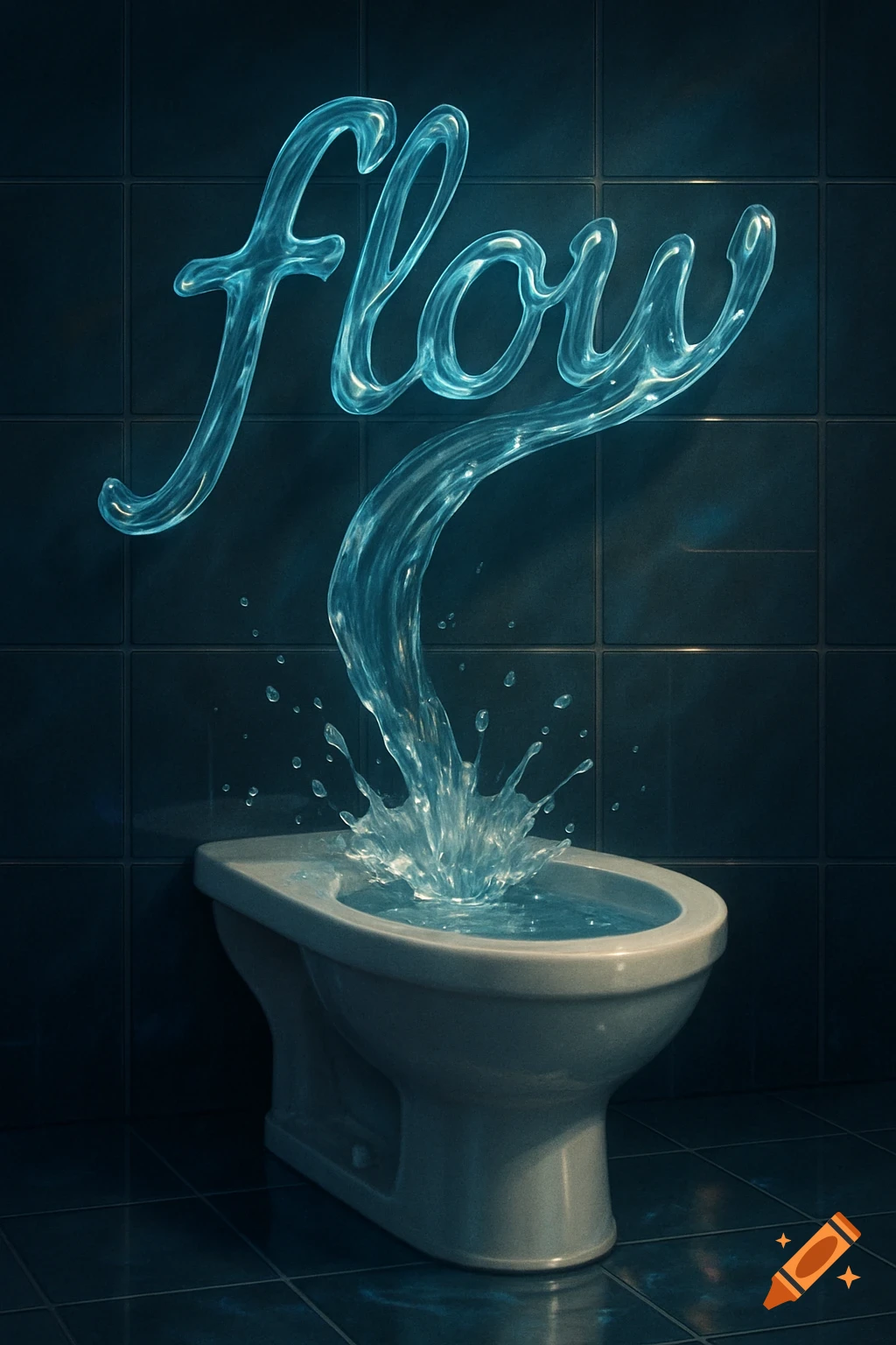Water splashes from a toilet, forming the glowing word 'flow' in a dark tiled bathroom.