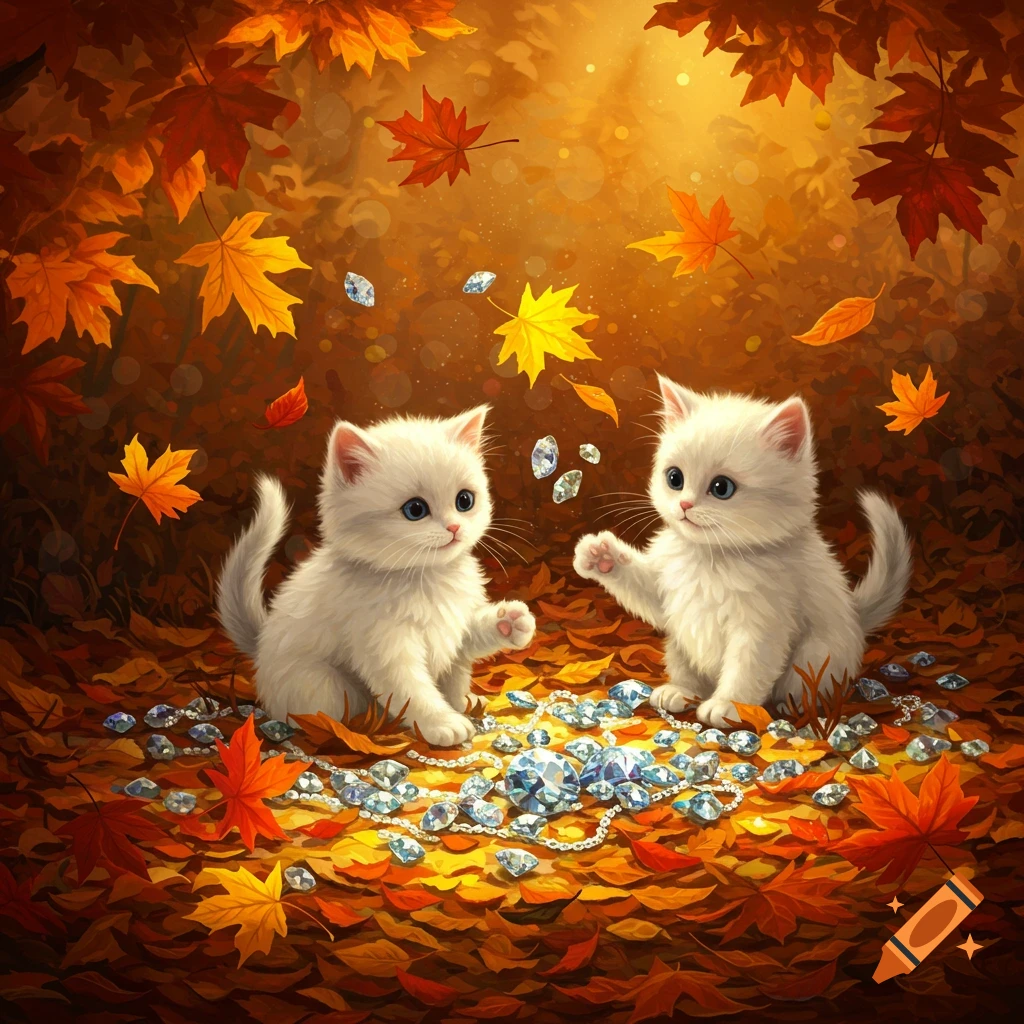 Two cute white kittens play among autumn leaves with scattered diamonds, sparkling around them.