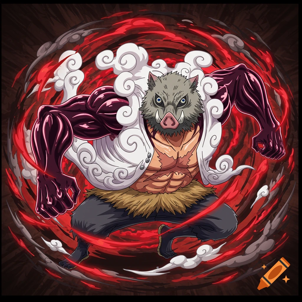 A muscular anime fighter with a boar mask and a white jacket in a dynamic pose, surrounded by red and white swirling energy.