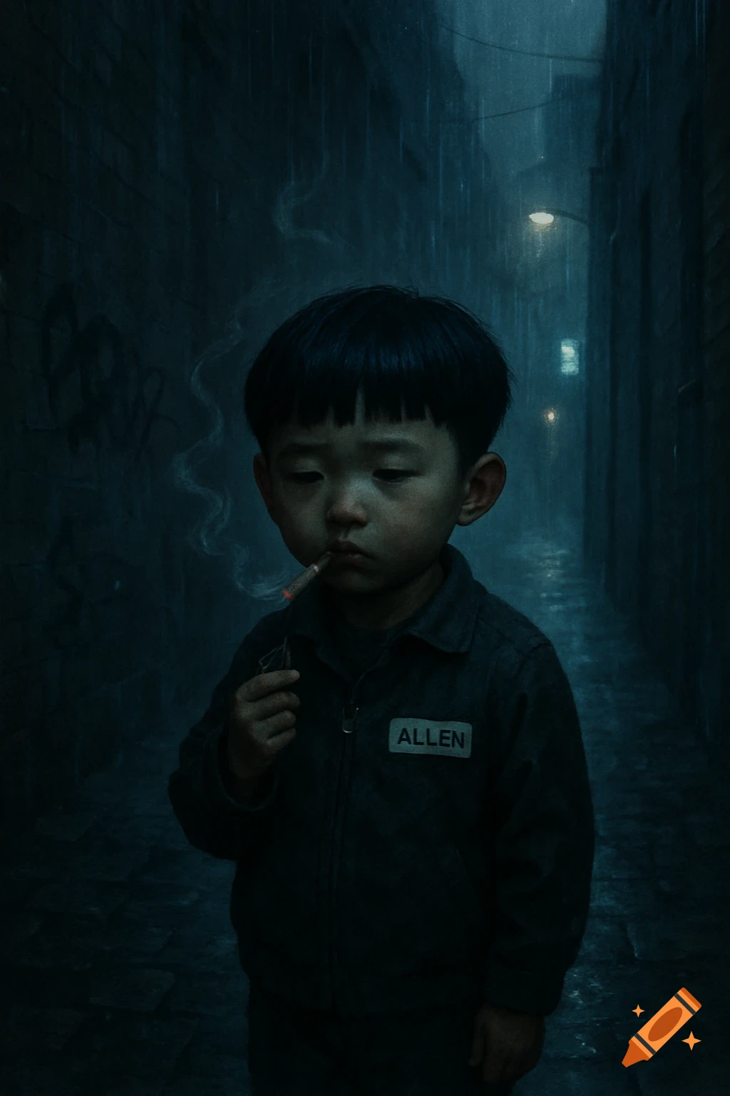 A solemn boy with a bowl cut stands in a dark, rainy alley, holding a lit cigarette. He wears a dark jacket with an 'ALLEN' name tag.