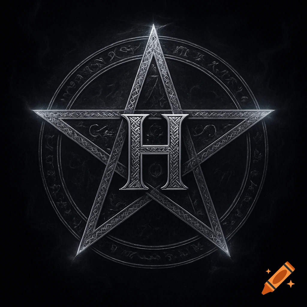 A stylized metallic letter H centered over a five-pointed star (pentagram) on a dark, textured background.