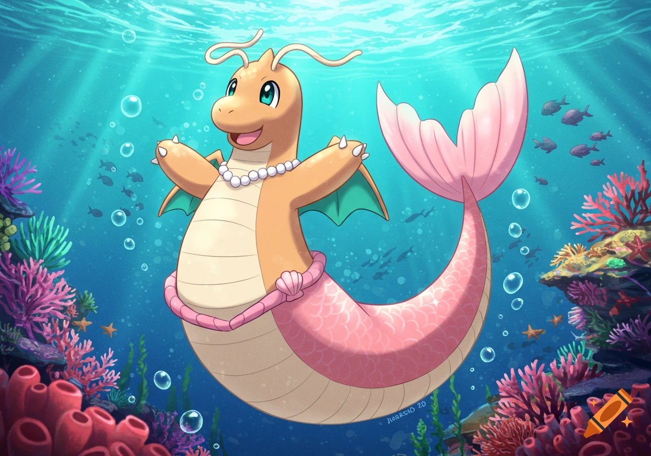 Dragonite with a pink mermaid tail and pearl necklace underwater, surrounded by coral and fish in anime style.