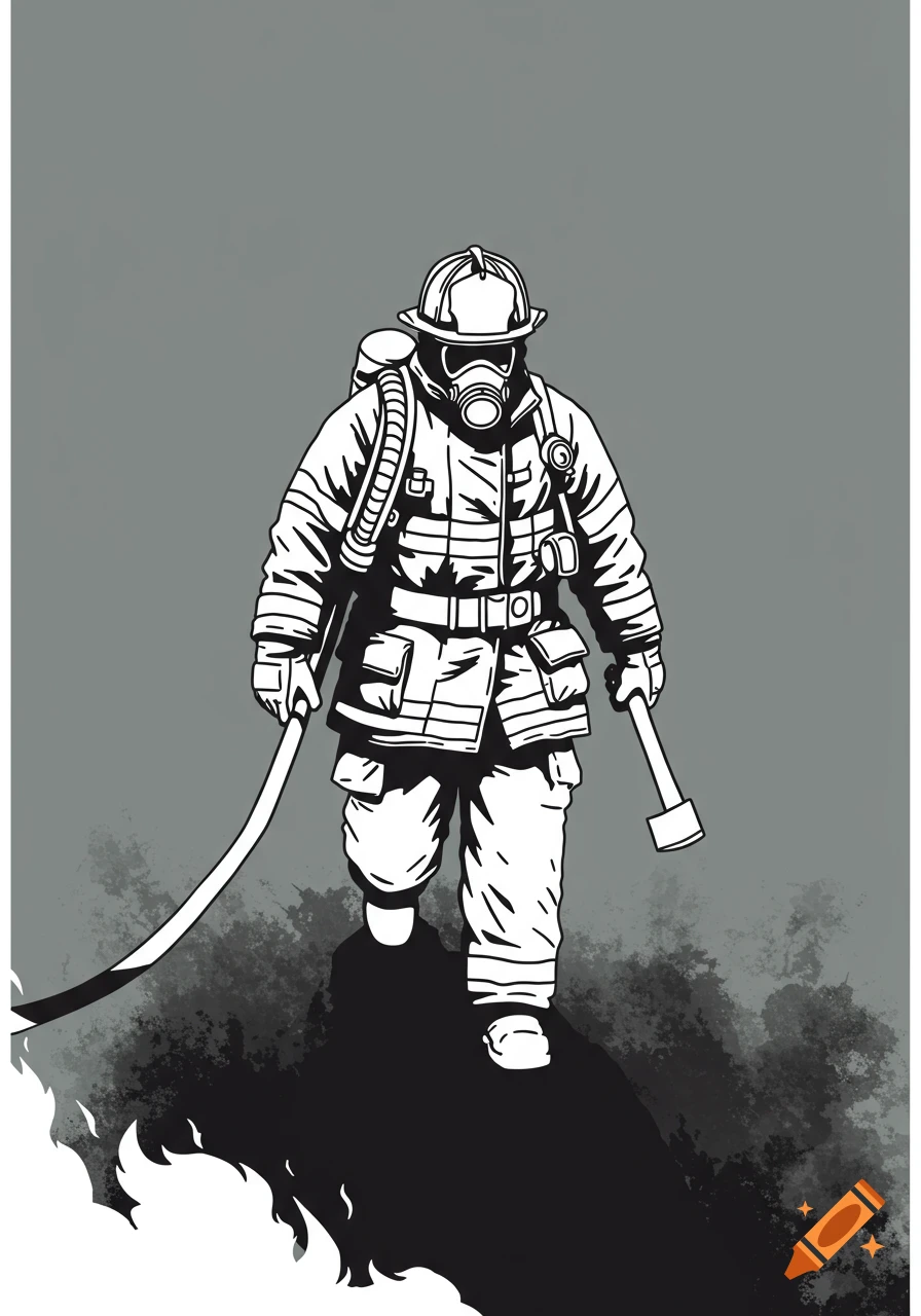 Black and white vector art illustration of a firefighter in gear, holding a hose and an axe, walking towards stylized flames on a gray background.