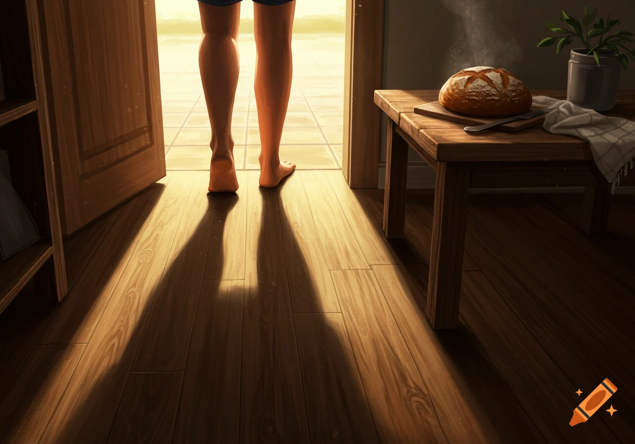 Digital art of a barefoot person stepping into a warmly lit room with wooden floors, a steaming loaf of bread on a wooden table.