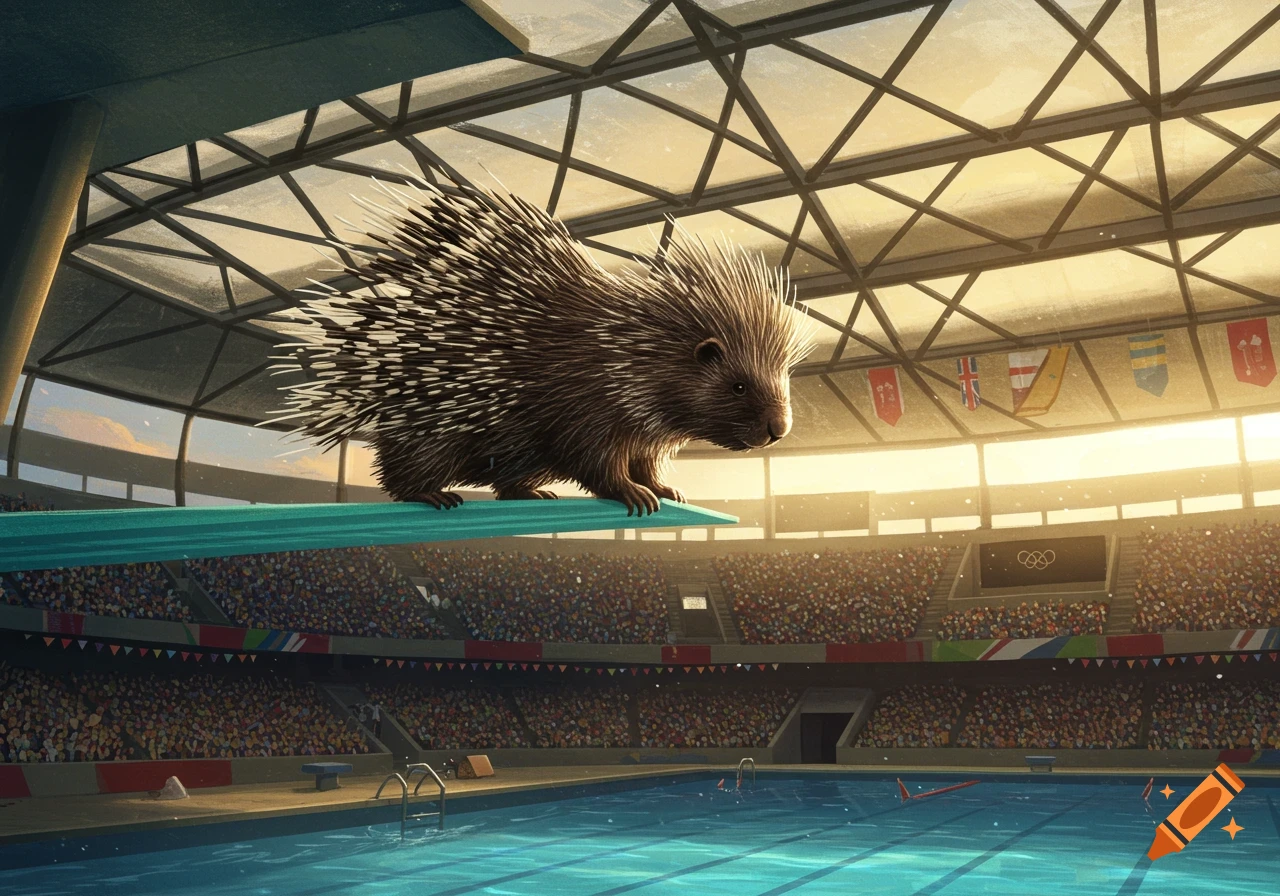 An illustrated porcupine stands on a diving board, looking down at a large swimming pool in an Olympic stadium filled with spectators.