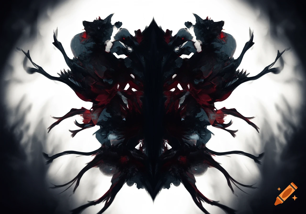 A symmetrical ink blot with dark red and black tones on a white background, resembling a Rorschach test with a horror aesthetic.