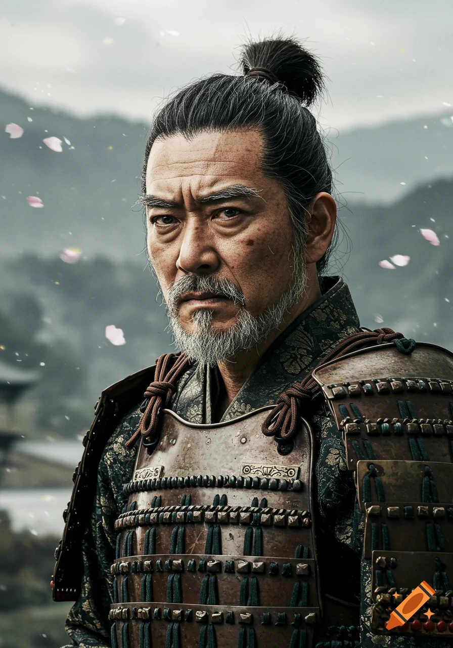 Photorealistic portrait of an ancient samurai in armor with a top knot and beard, outdoors with mountains and falling petals.