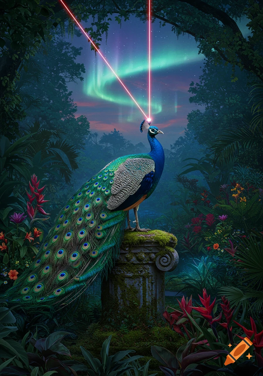 A majestic peacock on a mossy ruin in a lush jungle emits pink laser beams from its head towards a glowing aurora.