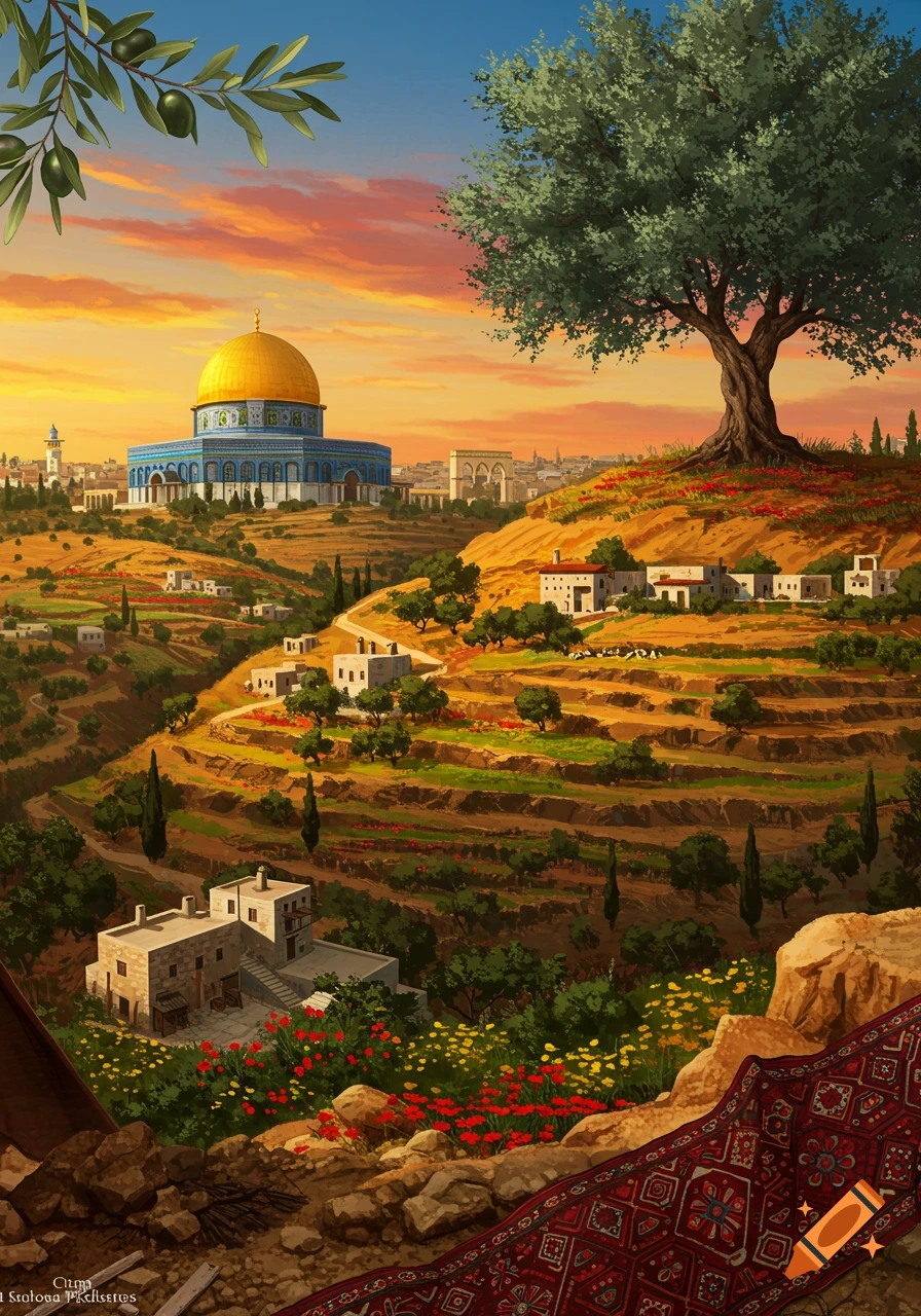 Vibrant illustration of the Dome of the Rock at sunset, surrounded by an olive tree, terraced hills, and traditional houses.