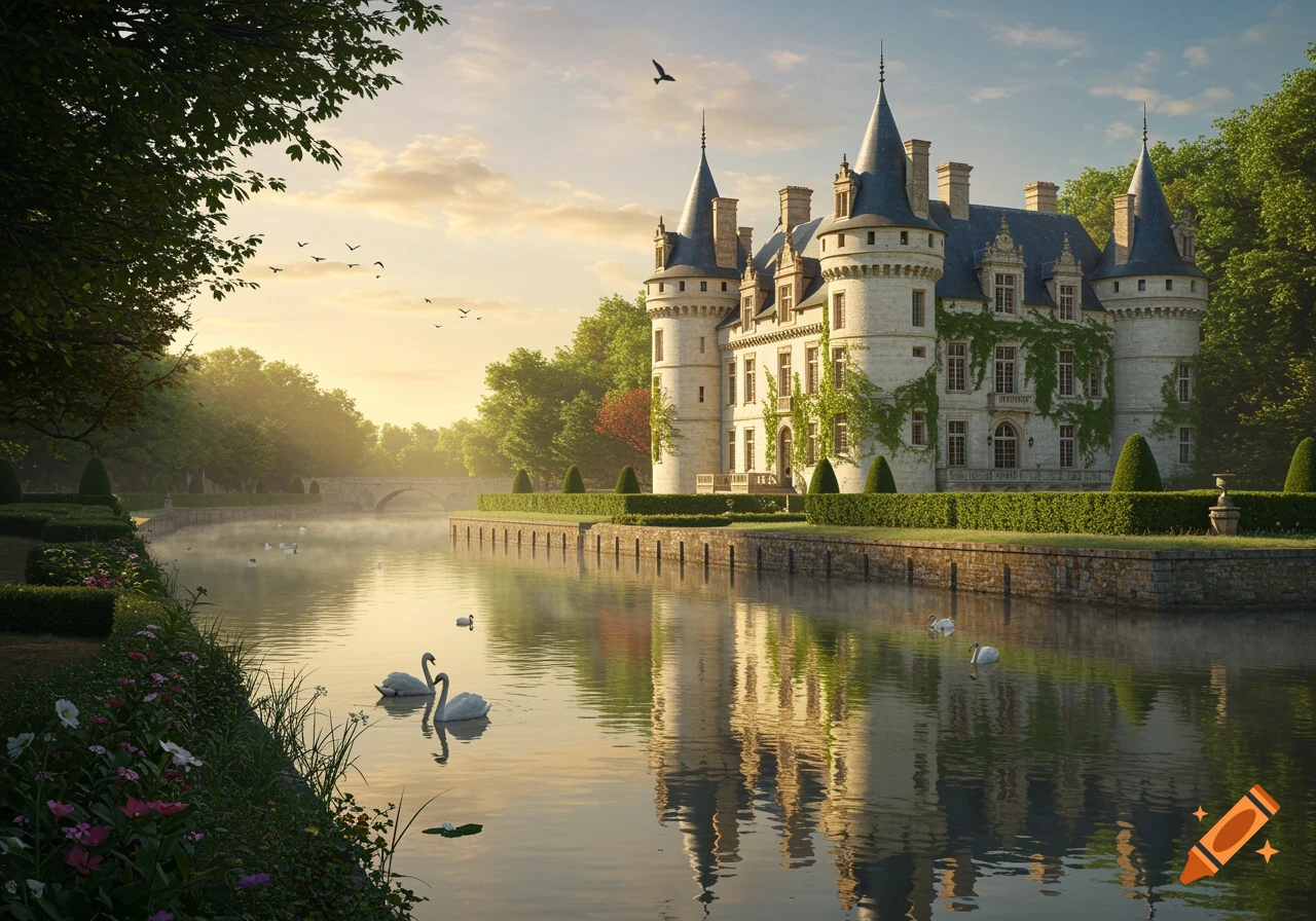 An elegant castle with turrets reflected in a misty river at sunrise, surrounded by trees and swans.