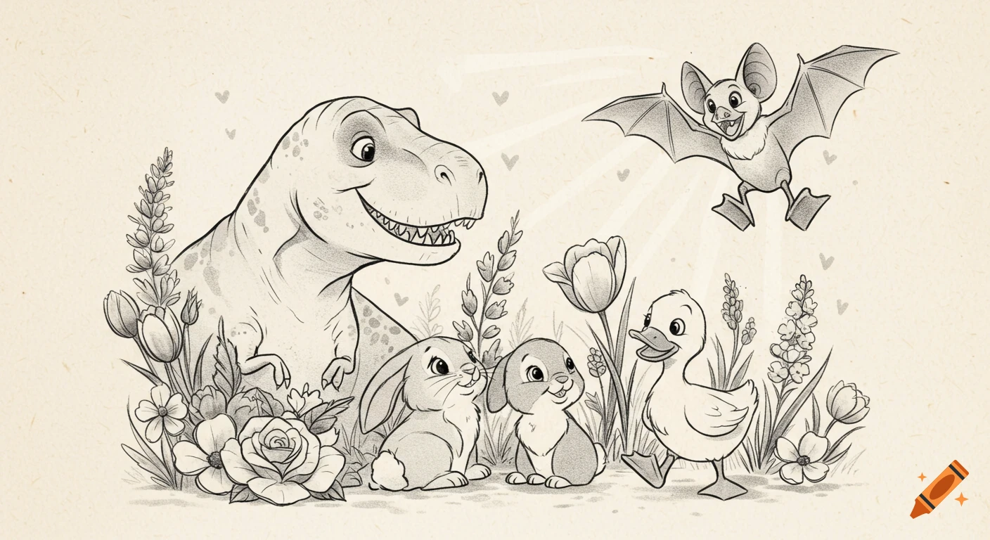 Black and white illustration of a smiling cartoon T-Rex, two bunnies, a duckling, and a flying bat surrounded by flowers.