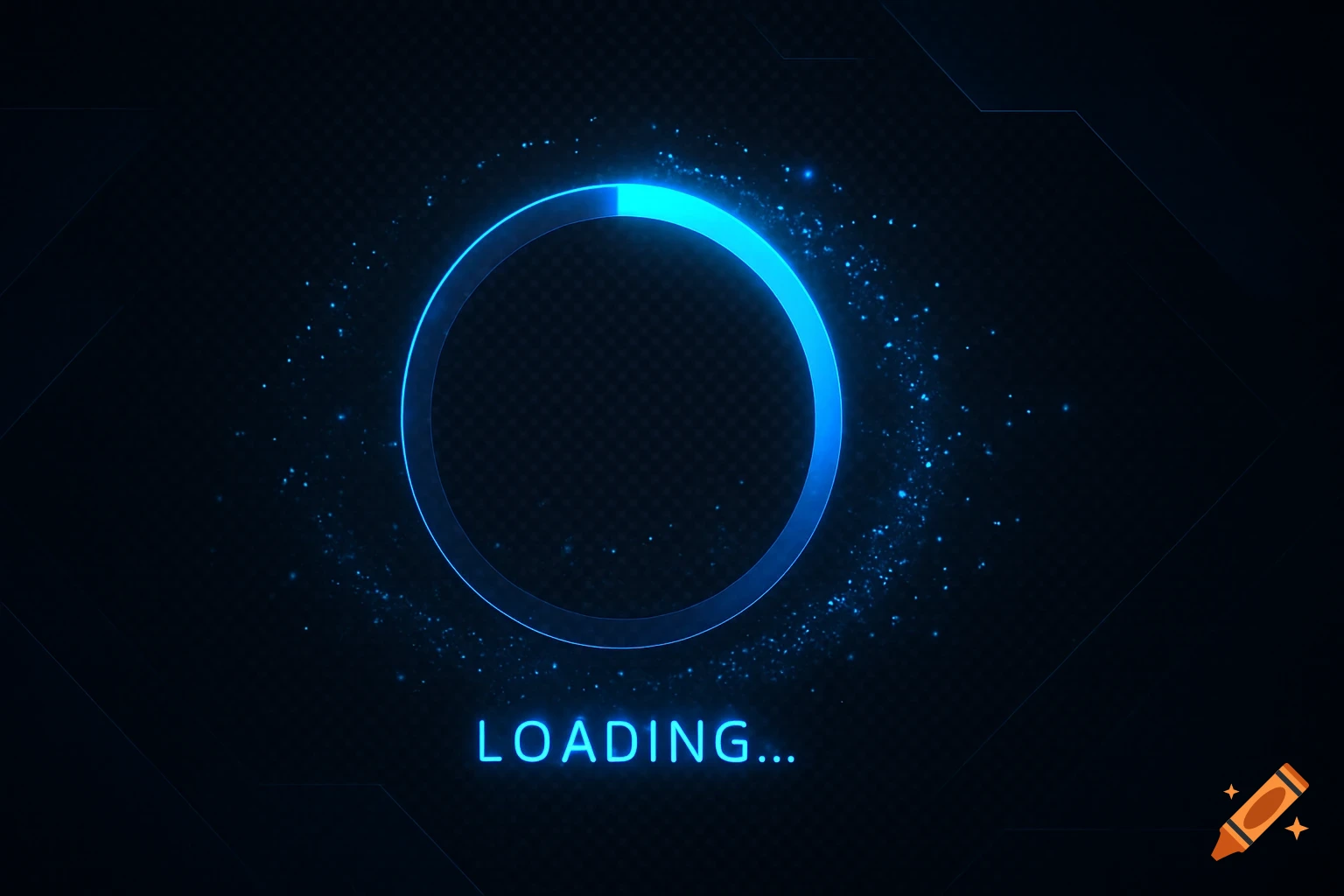 A digital loading screen with a blue neon circular progress bar and the text "LOADING..." on a dark, futuristic background with glowing particles.