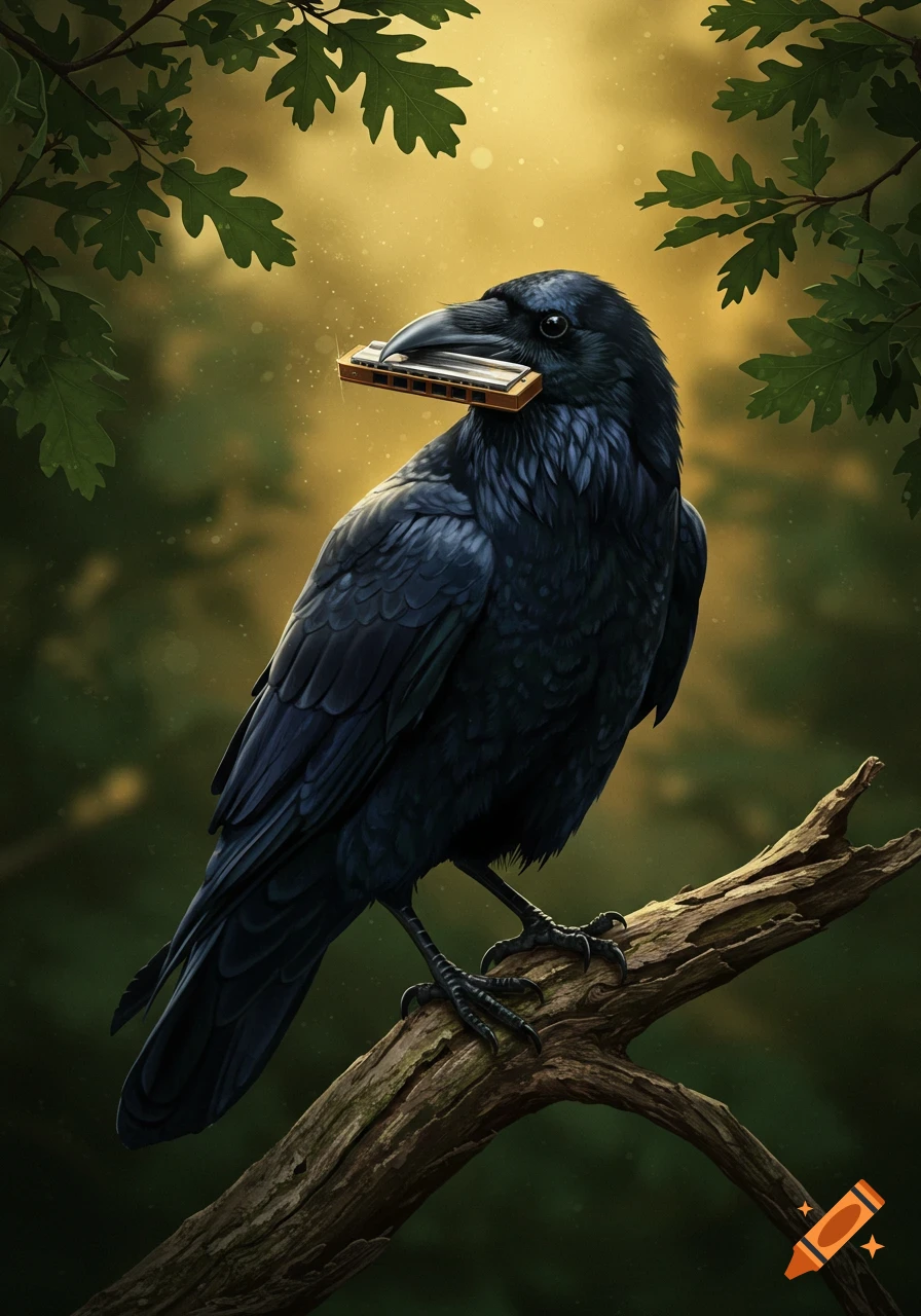 A black raven perches on a tree branch, holding a harmonica in its beak in a forest setting.