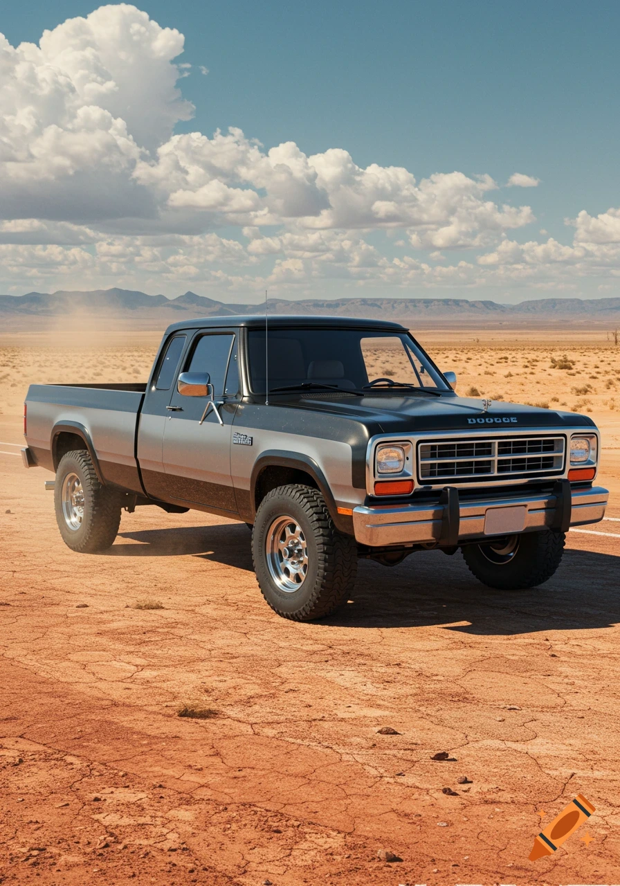 A two-tone gray and black 1988 Dodge D250 pickup truck parked on a dirt road in a sunny desert landscape under a blue sky with clouds.