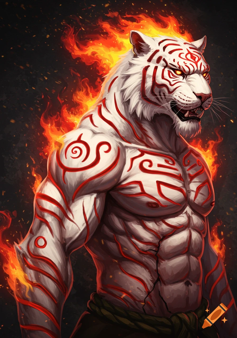 A powerful white tiger man with red tribal markings glowing on his muscled body, surrounded by fiery flames, in an anime art style.