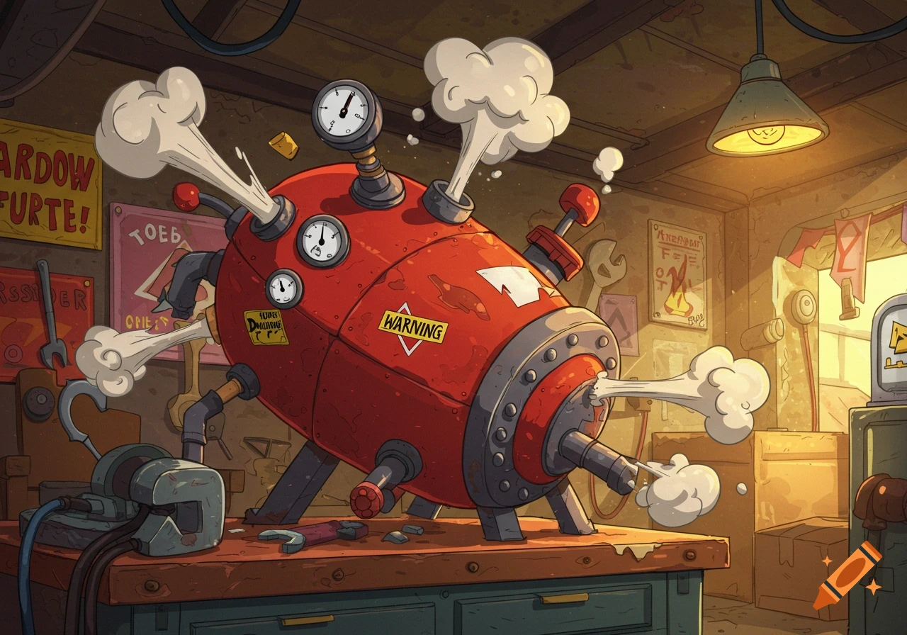 Cartoon illustration of a steaming red pressure tank in a cluttered workshop.