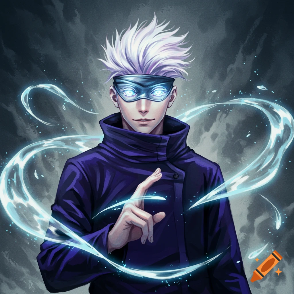 An anime character with white spiky hair and glowing blue blindfold in a purple jacket, surrounded by swirling blue energy.