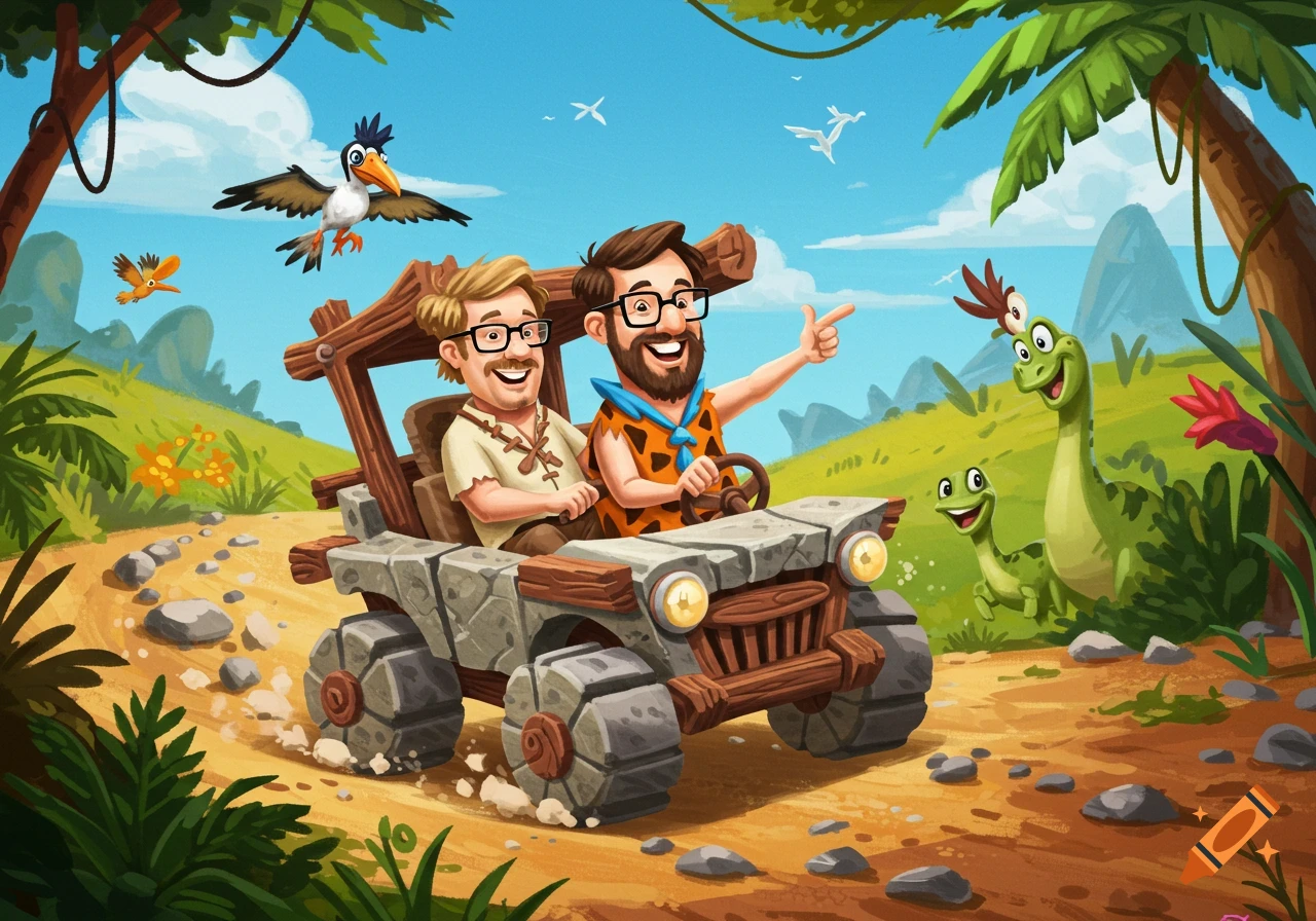 Two cartoon men, one like Fred Flintstone, driving a stone-age car with dinosaurs and birds in a prehistoric jungle.